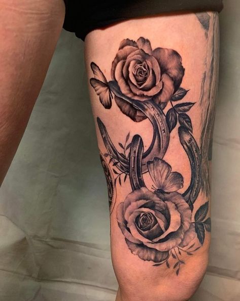 Punchy Western Tattoos For Women Sleeve, Western Leg Tattoos Women, Horse Shoe Tattoo With Flower, Western Thigh Tattoo, Western Leg Sleeve, Western Tattoos Sleeve, Western Arm Tattoos For Women, Western Thigh Tattoos Women, Misty Tattoo