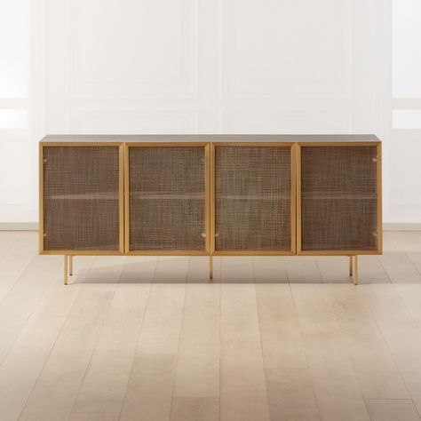 Trace Brass Wire Mesh Cabinet Credenza + Reviews | CB2 Wire Mesh Cabinet, Bar Cabinetry, Brass Wire Mesh, Mesh Cabinet, Modern Bar Cabinet, Brass Mesh, White Credenza, Wood Media Console, Credenza Design