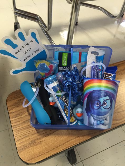 We will be blue without you. Going away gift for my boss. She loved it!! Skittles Gift, Goodbye Gifts For Coworkers, Basket Gift Ideas, Will Miss You, Goodbye Gifts, Miss You Gifts, Basket Gift, Farewell Gifts, My Boss