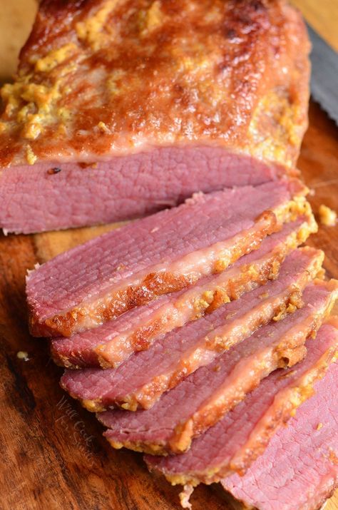 Amazing, tender corned beef brisket cooked in the oven with just three ingredients. This brisket is flavorful, easy, and comes out so tender. Baked Corned Beef Recipes Brown Sugar, Baked Corned Beef With Mustard And Brown Sugar, Cooking Corned Beef In The Oven, Mustard Corned Beef, How To Cook Corn Beef Brisket, Corned Beef With Mustard And Brown Sugar, Baked Corn Beef Brisket Recipe, Corned Beef Brisket Oven, Beef Brisket Oven