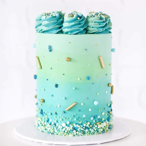 5,251 Likes, 57 Comments - Brittany May Cakes (@brittanymaycakes) on Instagram: “Blue green ombré 🤩 Sprinkles: @stbakeshop Cake board: @enjaypackaging #brittanymaycakes…” Green Ombre Birthday Cake, Blue Green Ombre Cake, Green Ombre Cake, Green Ombre Smash Cake, Ombre Cake With Sprinkles, Aqua Cake, Green Birthday Cakes, Cake Designs For Girl, Blue Birthday Cakes