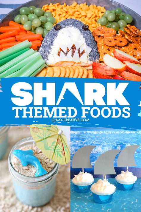 Great White Shark Birthday Party, Easy Shark Week Snacks, Sharkweek Party Food, Shark Birthday Party Snacks, Shark Week Appetizers, Shark Themed Appetizers, Shark Dinner Ideas, Shark Cupcakes Kid Birthdays, Shark Themed Charcuterie Board