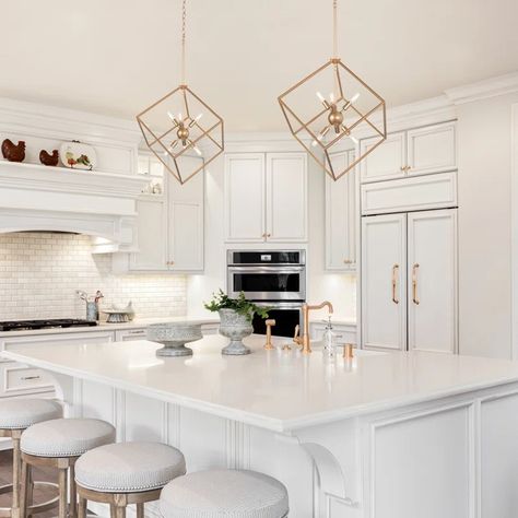 Mercer41 Stemple 20" Wide 6 - Light Lantern Geometric Chandelier & Reviews | Wayfair White And Gold Kitchen Inspiration, White Kitchen Gold Hardware, White And Gold Kitchen Decor, White Kitchen With Gold Hardware, White Kitchen With Gold Accents, White And Gold Kitchen Ideas, Burgundy Bedroom Ideas, Marie Condo, White And Gold Kitchen