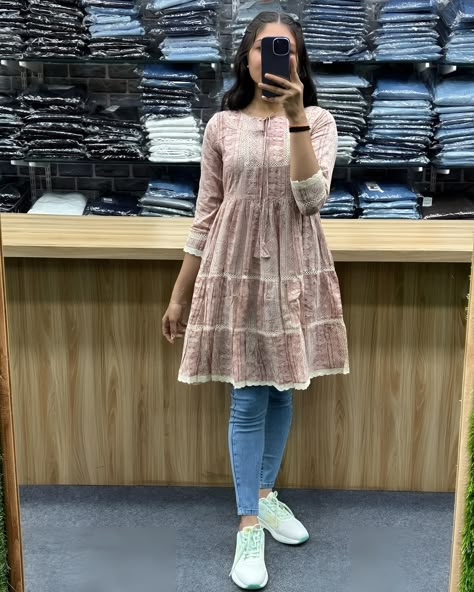 Frock Type Tops For Jeans, Frock Kurti With Jeans, Affordable Dresses Online Shopping, Frock Tops With Jeans, Short Frock With Jeans, Long Tops With Jeans, Jeans Kurti Design, Long Kurta With Jeans, Short Kurti With Jeans Outfit