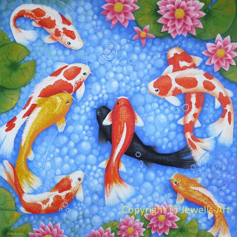 Wealth & Blessings Koi Fish 2 by Julia Underwood & Jewells Art, Commissioned painting just finished, prints now available from Jewells Art. #jewellsart #originalart #fengshuiart #koifish #fengshuiart Feng Shui Art, Cute Easy Paintings, Healing Arts, Watercolor Painting Techniques, Fish Painting, Koi Fish, Fish Art, Spiritual Art, Easy Paintings