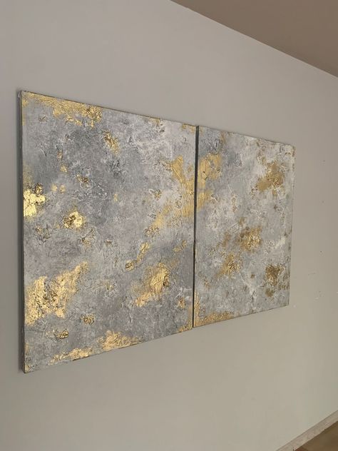 Gold Silver Art, Grey And Golden Living Room, Grey And Gold Aesthetic, Gray Gold Bedroom, Leaf Abstract Painting, Golden Living Room, Colour Panel, Abstract Painting Acrylic Modern, Silver Wall Art