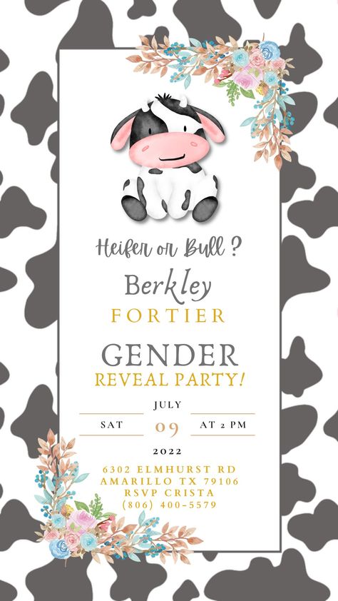 Cow Gender Reveal Invitations, Team Heifer Team Bull Gender Reveal, Gender Reveal Ideas For Party Cow Theme, Gender Reveal Ideas Cow Theme, Cow Print Gender Reveal Ideas, Cow Print Gender Reveal, Gender Reveal Cow Theme, Cow Theme Gender Reveal, Bull Or Heifer Gender Reveal