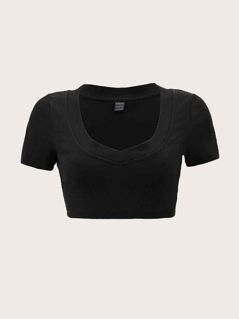 Black Casual Collar Short Sleeve Knitted Fabric Plain  Embellished Slight Stretch  Women Clothing Tiny Crop Top, Simple Crop Top, Black Crop Tee, Shein Outfits, Outfits Verano, Top Crop, Women T Shirts, Knit Crop Top, Knit Crop