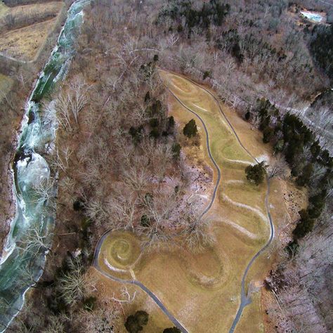 Serpent Mound, Peebles, Ohio:  At 1,348 ft long, it is the largest serpent effigy in the world and is believed to be between 1000-2000 years old. Serpent Mound Ohio, Effigy Mounds, American Indian History, Ohio History, Spring Wildflowers, Indigenous Culture, Nature Preserve, Nature Trail, Ancient Cultures