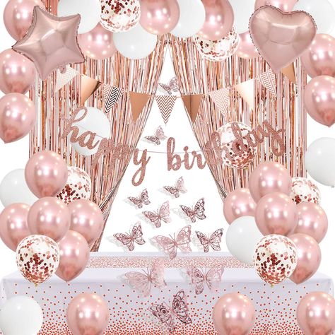 PRICES MAY VARY. Luxurious Rose Gold Party Decorations Set: Package includes 18 metallic rose gold balloons, 10 white balloons, 6 rose gold confetti balloons, 2 foil fringe curtains, 2 foil balloons, 1 happy birthday banner, 1 table cover, 1 pennant banner, 12 butterfly wall stickers decor, 2 ribbons Make Your Party to The Next Level: We have so many cute decors ALL IN ONE rose gold birthday decorations kit. Pretty and elegant rose gold decorations can help you catch all eyes and create unforget Rose Gold Birthday Decorations, Pink Birthday Party Decorations, Balloons Rose Gold, Gold Birthday Party Decorations, Gold Birthday Decorations, Gold Tablecloth, White Party Decorations, Fringe Curtains, Rose Gold Birthday