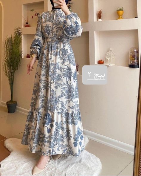 Maxi Dress Hijab, Frock Styles, Long Flower Dress, Floral Print Gowns, Moslem Fashion, Blue Flower Dress, Frock Style, Classy Gowns, Friend Lyrics