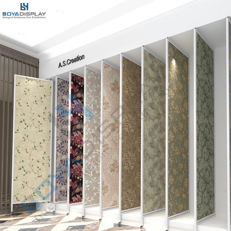 This display rack can be customized according to you need. Wallpaper Shop Display Interior Design, Wallpaper Store Display, Wallpaper Display Showroom, Ply Board, Floral Wallpaper Bedroom, Wallpaper Display, Type Wallpaper, Buy Wallpaper, Exhibition Stall Design