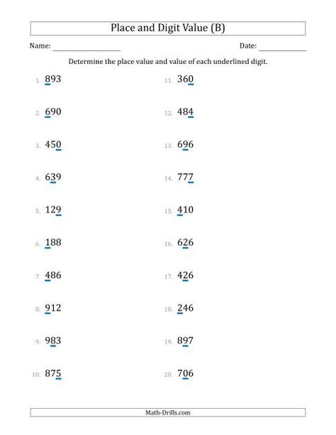 The Determining Place Value and Digit Value from Ones to Hundreds (B) Math Worksheet Place Value Thousands Worksheet, Value Worksheet, Grade 6 Math Worksheets, Decimal Numbers, Number Place Value, Place Value With Decimals, Place Value Worksheets, Grade 6 Math, Math Drills