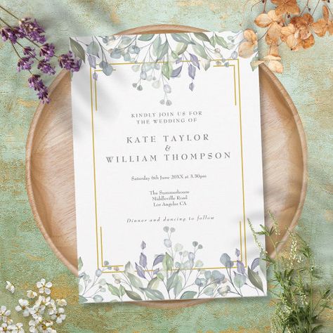 $2.92 | Greenery Sage Lilac Floral All In One Wedding #all in one wedding invitation, botanical affordable wedding, modern cheap wedding, rsvp and reception details, simple inexpensive wedding, elegant budget wedding, sage lilac watercolor floral foliage, chic gold geometric, romantic, whimsical Lilac Wedding Themes, Lilac Leaves, Lilac Wedding Invitations, Lavender Wedding Theme, Wedding Theme Color Schemes, Lavender Wedding Invitations, Stylish Wedding Invitation, Madison Wedding, Floral Greenery