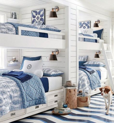 Photo Styling Secrets: Best Props for Bedrooms and Baths - The Decorologist Living Azul, Nautical Cottage, Bunk Room Ideas, Bunk Bed Rooms, Bunk Beds Built In, Beach House Bedroom, Built In Bunks, Bunk Rooms, Loft Beds