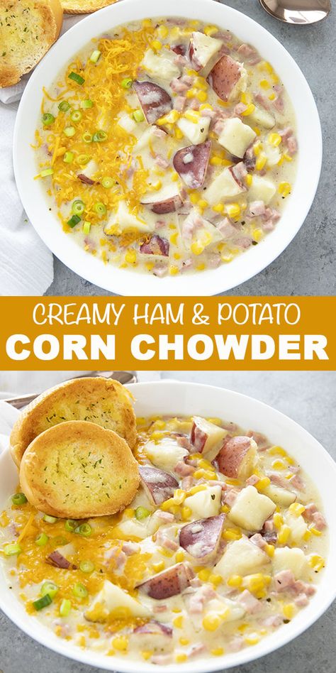 Best Creamy Corn Chowder is easy to make on your stove-top or instant pot!  This flavorful and cozy chowder recipe is filling, comforting, and easy to make! Corn Chowder With Ham, Party Food Easy, Creamy Corn Chowder, The Salty Marshmallow, Salty Marshmallow, Potato Corn Chowder, Ham Potato, Corn Chowder Recipe, Chowder Recipe