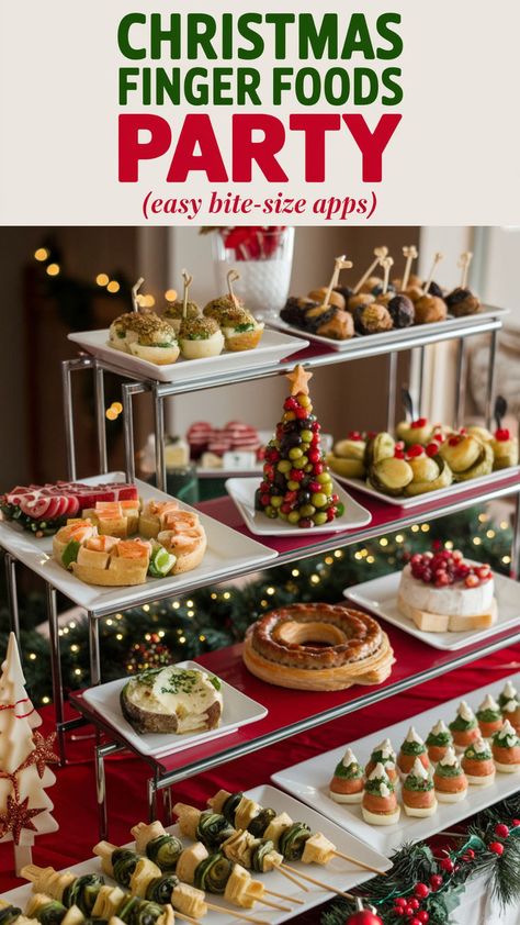 This image showcases a beautiful display of Christmas finger foods, perfect for a party. The spread includes easy bite-sized appetizers like skewered vegetables, stuffed pastries, a creative olive and grape tree, mini sandwiches, and festive cheese boards. Ideal for Christmas brunch or party food for a crowd! Easy Holiday Party Food, Holiday Party Food Ideas, Easy Christmas Party Food, Holiday Party Food Easy, Food Ideas For A Crowd, Christmas Party Buffet, Finger Foods Easy Party, Holiday Party Food, Ultimate Christmas Party