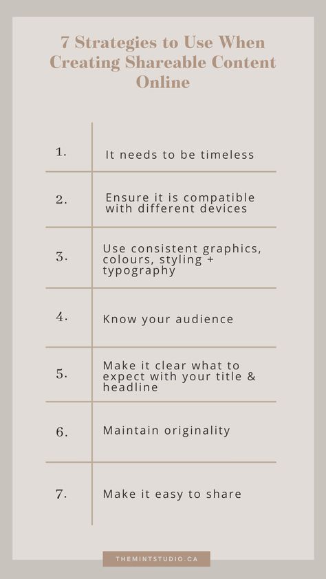 7 Strategies to Use When Creating Shareable Content Online | The Mint Studio | Are you struggling to grow your socials? Content not getting you the numbers you had hoped for? Here are SEVEN key criteria to creating content guaranteed to get you the results you're looking for. Use this as a personal checklist & guide for creating online content you AND your audiences can be confident in. Need more help? Click here to access our other resources! #contentcreating #onlineinfluencer #brandingonline Ontario Photography, Branding Workbook, Photography Commercial, Ontario Wedding, Social Media Marketing Content, London Ontario, Social Media Marketing Business, Social Media Planner, Creative Business Owner