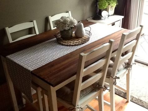 Ikea Hack....pine boards on top of a small ikea table. Could easily do this for the custome table I can't find. Jokkmokk Table, Ikea Jokkmokk, 2nd Kitchen, Ikea Dining Table, Ikea Dining Room, China House, Painting Ikea Furniture, Ikea Dining, Diy Kitchen Table