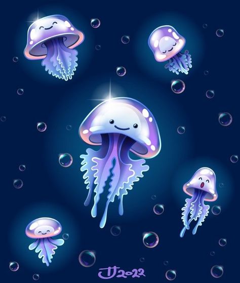 Evolutionary Art, Jellyfish Illustration, Cute Jellyfish, Art Test, Jellyfish Design, Ocean Design, Fish Illustration, Illustration Poster, Cartoon Character Design