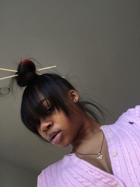 Bang Hairstyles Black Women Natural Hair, Bun With Chinese Bangs Black Women, Top Bun With Bangs Black Women, Top Knot Bun With Bangs, Bangs Black Women, Bun With Bangs, Recreate Pics, Bang Hairstyles, Hair Goal