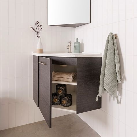 Bathroom Double Sink Ideas, Corner Vanity Bathroom, Corner Vanity Sink, Tiny Bathroom Vanity, Floating Vanity Bathroom, Bathroom Industrial Chic, Corner Bathroom Vanity, Corner Sink Bathroom, Corner Vanity Unit