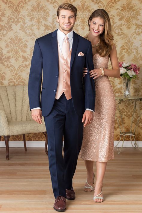 Make sure his vest and tie match your rose gold gown. Rose Gold Clothes, Navy Suit Wedding, Neon Prom Dresses, Easter Dresses For Toddlers, Sparkly Prom Dress, Rose Gold Dress, Pink Wedding Dress, Navy Bridesmaid Dresses, Navy Blue Suit