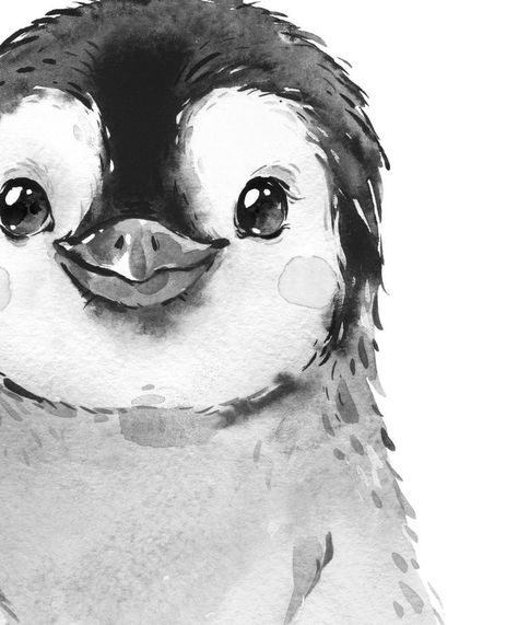 Penguin Black And White, Snowy Animals, Pinguin Illustration, Penguin Watercolor, Nature Nursery, Penguin Drawing, Penguin Art, Playroom Art, Pen Art Drawings