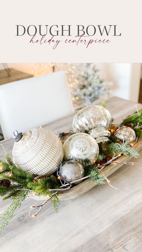 During the holidays, a dough bowl filled with greenery, lights and ornaments is one of the easiest centerpieces to make! I love how this… | Instagram Simple Christmas Centerpieces For Table, Christmas Bowl Decorations, Megan Murphy, Christmas Entry, Pottery Barn Christmas, Christmas Bowl, Christmas Tabletop Decor, Christmas Table Centerpieces, Christmas Decor Inspiration