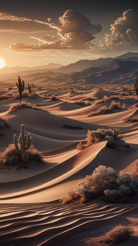 Immerse yourself in this expansive desert landscape wallpaper featuring rolling dunes, resilient cacti, and majestic mountains under a golden sunset. The intricate sand patterns and whimsical clouds capture the ethereal quality of light, inviting tranquility and solitude in nature. Perfect for bringing a touch of the arid beauty to your space. Keywords: desert wallpaper, sunset landscape, serene nature. Dessert Landscaping, Whimsical Clouds, Desert Wallpaper, Arid Landscape, Wallpaper Sunset, Desert Land, Desert Dunes, Serene Nature, Golden Sunset