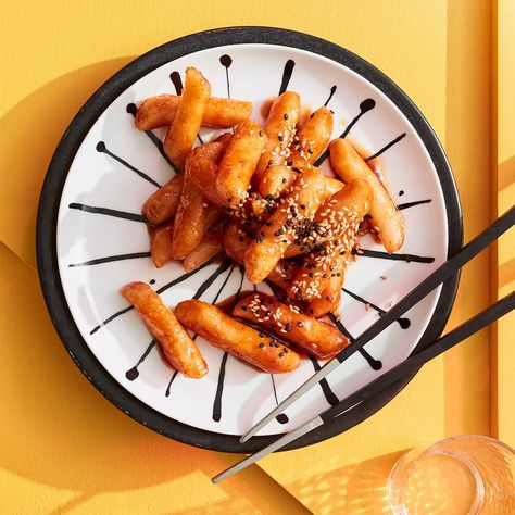 Fried tteokbokki (Korean rice cakes) recipe | Gourmet Traveller Fried Rice Cakes Korean, Fried Tteokbokki, Rice Cakes Recipe, Korean Rice Cakes, Tteokbokki Recipe, Maple Syrup Glaze, Recipe Korean, Korean Rice Cake, Rice Cake Recipes