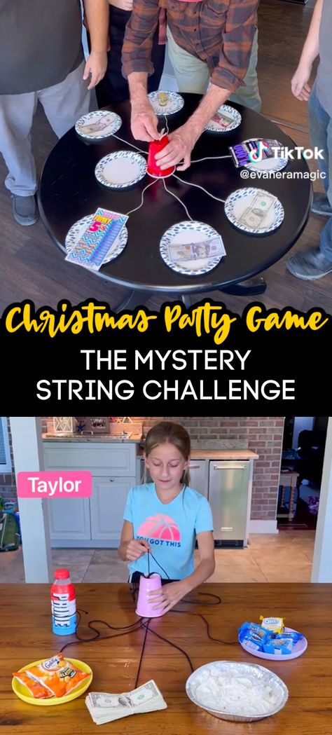 You Can Play The ‘Mystery String Challenge' With Your Entire Family This Holiday Season Raffle Games For Adults, Cousins Christmas, Christmas Cup And String Game, Cup Games With Prizes, Christmas Party Ideas Activities, Christmas Table Activities, Pull A String Challenge Game, Party Challenge Games, Family Games With Prizes