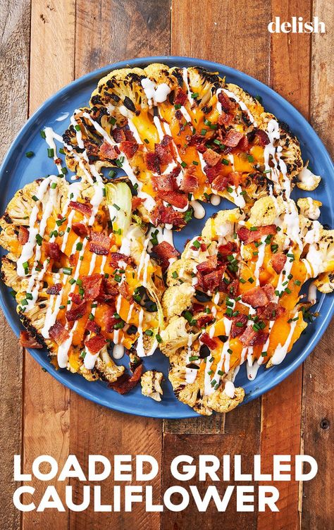 This Loaded Grilled Cauliflower Is A Summertime ClassicDelish Cauliflower On The Blackstone, Cauliflower Recipes Grilled, Loaded Cauliflower Steaks, Keto Grill Recipes, Healthy Food Truck, Cheesy Cauliflower Steaks, Grilled Cauliflower Steak, Grilled Cauliflower Steaks, Cauliflower Grilled