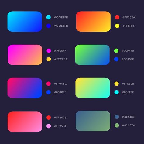 Gradient Color Design Colour Palettes, Poster Color Pallete, Neon Website Design, Millennial Color Palette, Tech Color Palette, Gradient Color Palette, Color Gradient Background, Logo Design Color Palette, Neon Colour Palette