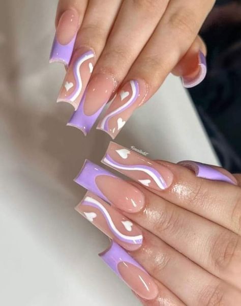 Lavender Valentines Nails, French Tip Nails With Swirls, Purple Valentines Nails, Purple Valentines Day Nails, Fun Purple Nails, Nails With Swirls, White French Tip Nails, Light Purple Nails, 2023 Nails