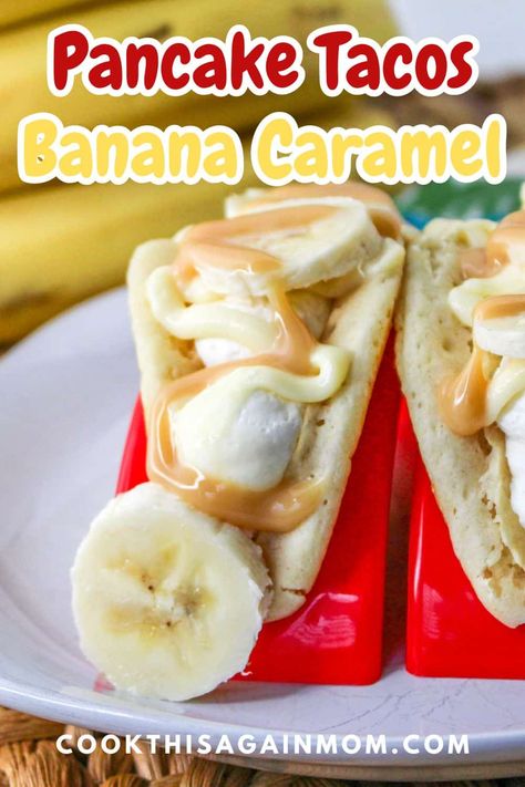 Elevate your breakfast game with Pancake Tacos! Fluffy pancakes filled with cheesecake mouse and topped with sliced bananas and caramel syrup! Taco Cheesecake, Cheesecake Mouse, Strawberry Cheesecake Pancakes, Pancake Tacos, Cheesecake Pancakes, Banana Caramel, Pancake Recipe Buttermilk, Cheesecake Mousse, Vanilla Sauce