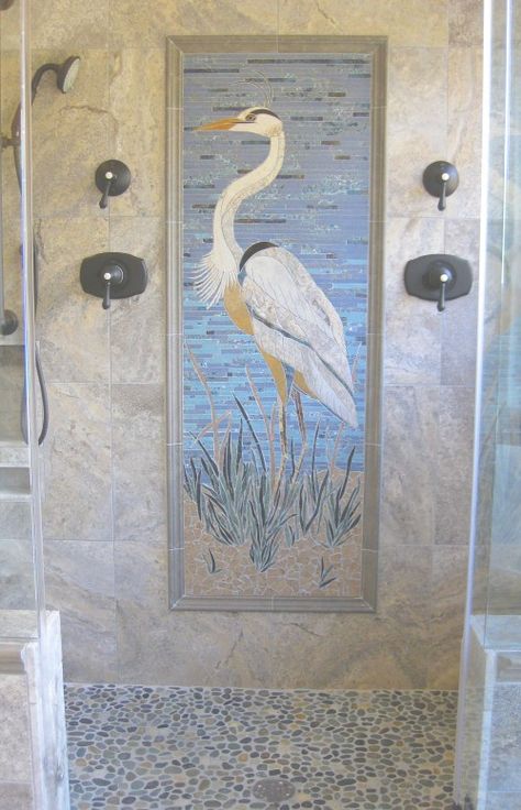 Tropical Bathroom Design, Mosaic Shower Wall, Florida Bathroom, Art Nouveau Bathroom, Tile Bathrooms, Bathroom Mosaic, Coastal Bathroom Design, Custom Mosaic Tile, Florida Decor