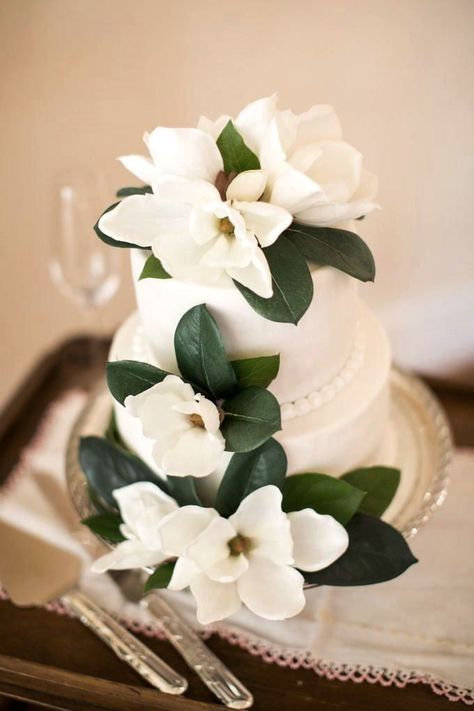 Southern Magnolia cake Magnolia Cake, Magnolia Wedding, Cake Simple, Boda Mexicana, Cool Wedding Cakes, Southern Weddings, Glamorous Wedding, Southern Wedding, Pretty Cakes