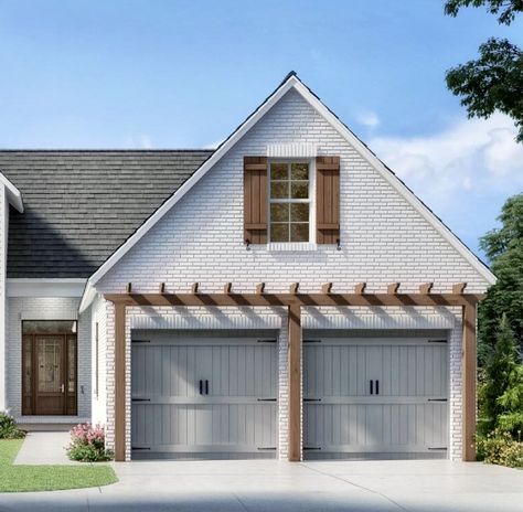 Garage With Trellis, Front House Pergola, Garage With Side Porch, Garage Side Door, Garage Trim, Garage Awning, Oak Garage Doors, Cream Colored Houses, Grey Garage Doors