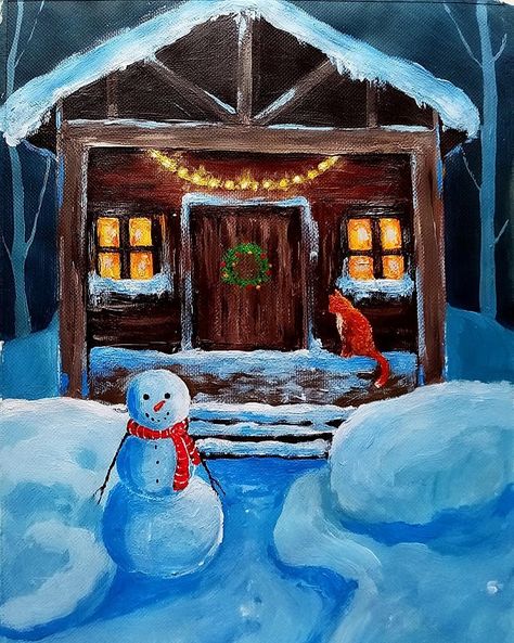 Acrylicpainting, art, drowing, cats, nature Winter Nature Drawing, Christmas Cabin Painting, Canvas Painting Ideas Winter, Easy Winter Paintings, Christmas Scenery Drawing, Painting Ideas On Canvas Christmas, Cute Easy Animal Drawings, Winter Scene Paintings, Xmas Drawing