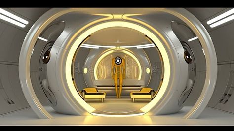 Spaceship or lab interior in retro futuristic sci-fi style with round doors. stock images Apocalypse Bunker, Futuristic Door, Spaceship Door, Lab Interior, Abstract Tech, Exterior Door Designs, Modern Organic Home, Round Door, Retro Futuristic