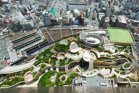 Built in the footprint of the old Osaka baseball stadium, Namba Parks is a shopping mall with an eight level rooftop garden that spans several city blocks and features tree groves, rock clusters, cliffs and canyons, lawns, streams, waterfalls, ponds and even space to grow veggies! Namba Parks, Green Architecture, Space Pictures, Rooftop Garden, Urban Environment, Osaka Japan, Urban Farming, Roof Garden, Sustainable Architecture