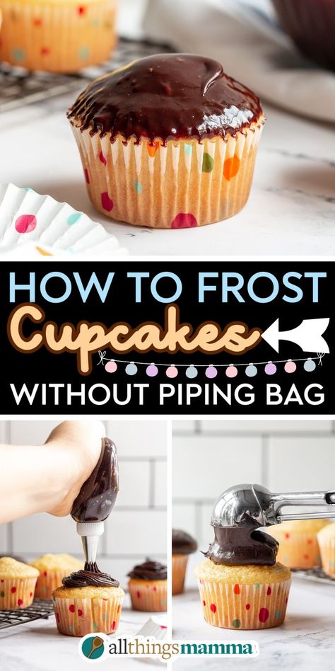 How to Frost Cupcakes Without a Piping Bag social collage graphic Easiest Way To Frost Cupcakes, Easiest Way To Ice Cupcakes, How To Frost Cupcakes With Store Bought, No Piping Bag Hack, How To Frost Cupcakes Without Tips, Frosting Cupcakes With Ziplock Bag, Icing Cupcakes Without Piping Bag, How To Frost Cupcakes With A Ziplock Bag, Easy Way To Frost Cupcakes