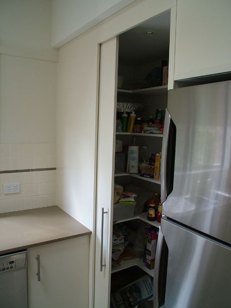 sliding corner pantry door - Cronulla Kitchen Centre Corner Pantry Door, Corner Pantry Cabinet, Corner Kitchen Pantry, Kitchen Corner Storage, Free Standing Kitchen Pantry, Kitchen Sliding Doors, Small Kitchen Pantry, Kitchen Pantry Cupboard, Corner Pantry