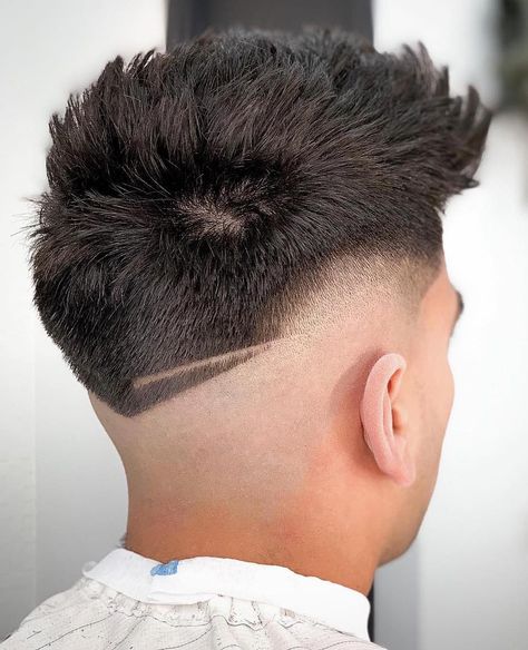 Semi-Drop Fade with Brush Up - A minimalistic haircut done right! The shaved line streak starts just behind the ear and follows its path to meet the center of that shaven V neckline. V Shaped Haircut, Best Fade Haircuts, Popular Mens Hairstyles, Low Fade Haircut, Tapered Haircut, Haircut Men, Haircut Designs, Mens Haircuts Fade, Popular Haircuts