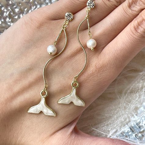 Mermaid Tail Earrings, Natural Pearl Earrings, Gold Spiral Dangle, Rhinestone Earrings, Ocean Creature Earrings, Mermaid Earrings, Nautical by WithHerNYC on Etsy Layer Earrings, Mermaid Tail Earrings, Minimalist Ear Cuff, Pearl Earrings Gold, Natural Pearl Earrings, Conch Earring, Gold Waves, Mermaid Earrings, Baroque Pearl Earrings