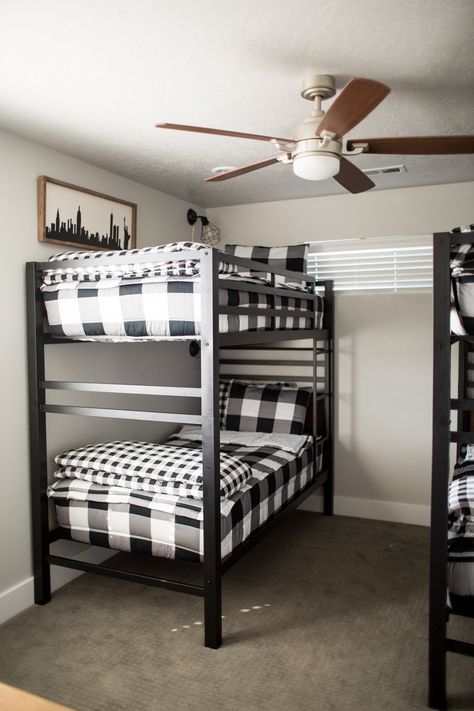 Bunk Bed Sheet Sets, Two Sets Of Bunk Beds In One Room, Buffalo Plaid Bunk Beds, Bunk Bed Duvet, Refurbished Bunk Beds, Comforter For Bunk Beds, How To Style Bunk Beds, How To Make A Bunk Bed Look Nice, Black Bunk Beds For Boys Room