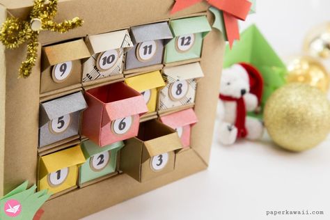 DIY Origami Advent Calendar Box Tutorial via @paper_kawaii How To Make Advent Calendar Boxes, Paper Advent Calendar Diy, Paper Boxes Diy Folded, Easy Advent Calendar Diy, Advent Calendar Cricut, Advent Calendar Box, Advent Calendar Pattern, Advent Diy, Paper Kawaii