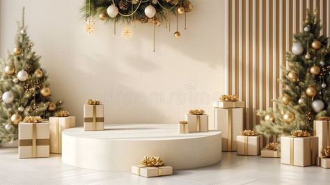 Christmas beige, gold podium with Christmas trees, decorations, gifts. Generative AI royalty free stock photo Christmas Trees Decorations, Holiday Display, Luxury Holiday, Festive Decor, Crystal Decor, Raw Crystal, Vector Background, Tree Decorations, Christmas Trees