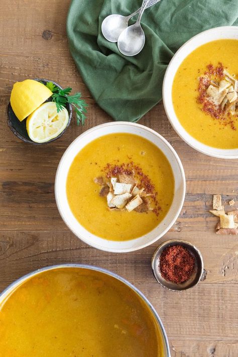 Creamy, zesty yellow lentil soup with Aleppo pepper and crunchy pita croutons || #lentils #mediterraneanfood #iftar #ramadan Brown Lentil Soup, Yellow Lentil Soup, Syrian Recipes, Ramadan Food, Syrian Food, Yellow Lentils, Lentil Soup Recipe, Aleppo Pepper, Lentil Soup Recipes